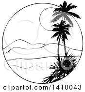 Poster, Art Print Of Black And White Travel Design Of Palm Trees A Bay Mountains And Sunset