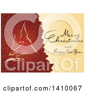 Clipart Of A Merry Christmas And Happy New Year Greeting On Red And Gold With Trees Royalty Free Vector Illustration