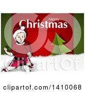 Poster, Art Print Of Merry Christmas And Happy New Year Greeting On Green And Red Stripes With Snow A Tree And Boy