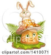 Poster, Art Print Of Happy Female Mushroom With Ferns And A Rabbit
