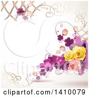 Clipart Of A Purple Clover And Rose Floral Background Royalty Free Vector Illustration