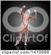 Clipart Of A Rear View Of A 3d Male Body Builder Posing With Visible Muscles On Gray Royalty Free Illustration