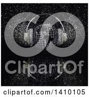 Clipart Of A 3d Grid Globe With Headphones With Glitter On Black Royalty Free Illustration