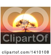 Clipart Of A 3d Silhouetted Tree Against An Orange Ocean Sunset Royalty Free Illustration