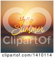 Clipart Of A Blurred Orange Ocean Sunset With Hello Summer Text Royalty Free Vector Illustration
