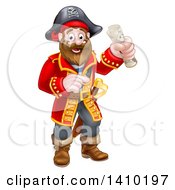 Poster, Art Print Of Happy Male Pirate Captain Holding A Treasure Map And Pointing