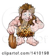Clipart Of A Cartoon Happy Caveman Holding A Club And Giving A Thumb Up Royalty Free Vector Illustration by AtStockIllustration