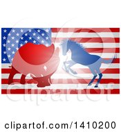 Poster, Art Print Of Silhouetted Political Democratic Donkey Or Horse And Republican Elephant Battling Over An American Flag And Burst