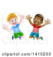Poster, Art Print Of Happy Excited White And Black Boys Jumping