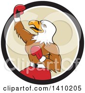 Poster, Art Print Of Cartoon Bald Eagle Man Boxer Pumping His Fist In A Black White And Tan Circle