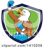 Poster, Art Print Of Cartoon Bald Eagle Man Boxer Pumping His Fist In A Blue White And Green Shield