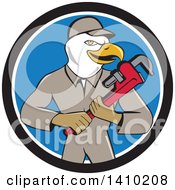 Poster, Art Print Of Cartoon Bald Eagle Plumber Man Holding A Monkey Wrench In A Black White And Blue Circle