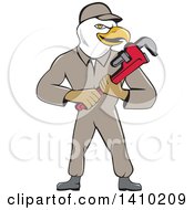 Poster, Art Print Of Cartoon Bald Eagle Plumber Man Holding A Monkey Wrench