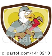 Poster, Art Print Of Cartoon Bald Eagle Plumber Man Holding A Monkey Wrench In A Brown White And Yellow Shield
