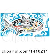 Retro Colorful Tribal Art Style Giant Trevally Kingfish And Blue Water