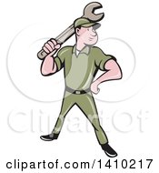 Poster, Art Print Of Retro Cartoon White Handy Man Or Mechanic Standing And Holding A Spanner Wrench