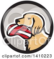 Poster, Art Print Of Retro English Setter Dog With A Deflated Volleyball In His Mouth In A Black And Gray Circle
