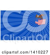 Clipart Of A Bald Eagle Flying With An American Flag And Blue Rays Background Or Business Card Design Royalty Free Illustration