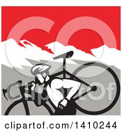 Poster, Art Print Of Retro Male Cyclocross Athlete Running And Carrying Bicycle On His Shoulders In The Mountains