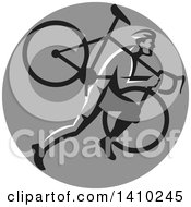 Poster, Art Print Of Retro Male Cyclocross Athlete Running And Carrying Bicycle On His Shoulders In A Gray Circle