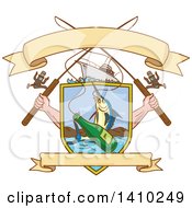 Poster, Art Print Of Sketched Crossed Arms Holding Fishing Rods Over A Shield With A Marlin Fish And Beer Bottle Over Water