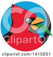 Poster, Art Print Of Retro Cartoon Red Cardinal Bird With A Blade Of Grass In His Mouth In A Black And Blue Circle