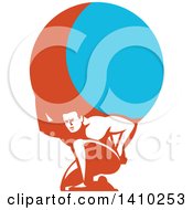 Clipart Of A Retro Man Atlas Kneeling And Carrying A Blue And Orange Globe Royalty Free Vector Illustration