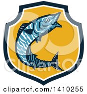 Poster, Art Print Of Retro Jumping Wahoo Fish In A Blue White And Yellow Shield