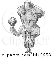 Poster, Art Print Of Grayscale Sketched Caricature Styled Victorian Gentleman With A Strawberry Head Wearing A Tricorn Hat And Holding An Ice Cream Cone