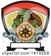Poster, Art Print Of Cartoon Ridley Turtle Steering At A Helm In A Shield