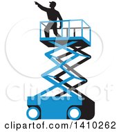 Poster, Art Print Of Retro Wpa Styled Silhouetted Male Worker On A Cherry Picker Scissor Lift