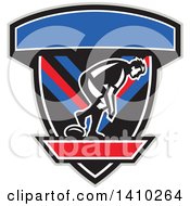 Clipart Of A Retro Male Rugby Player In A Black Gray Red White And Blue Shield Royalty Free Vector Illustration
