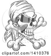 Clipart Of A Sketched Gray Human Pirate Skull With A Bandana And Crossbones Royalty Free Vector Illustration