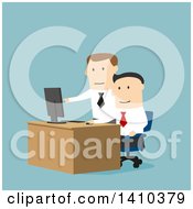Poster, Art Print Of Flat Design Boss Helping An Employee On A Computer On Blue