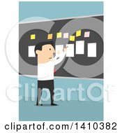 Poster, Art Print Of Flat Design White Business Man Laying Out A Plan On A Board On Blue