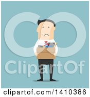Poster, Art Print Of Flat Design White Businessman Carrying A Box Of Belongings After Being Fired On Blue