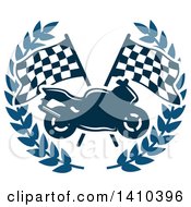 Poster, Art Print Of Motorcycle Over Crossed Checkered Racing Flags In A Blue Wreath