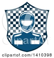 Poster, Art Print Of Blue Race Car Driver In A Checkered Shield