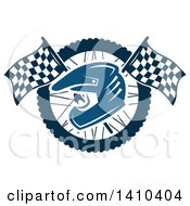 Poster, Art Print Of Blue Racing Helmet Over Crossed Checkered Flags And A Wheel