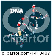 Flat Design Dna Strand Formed Of Medical Icons With Text On Blue