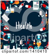Poster, Art Print Of Flat Design Border Of Health Icons And Text On Blue