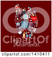 Flat Design Human Heart Formed Of Medical Icons With Text On Red