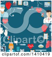 Poster, Art Print Of Flat Design Border Of Medical Icons On Blue