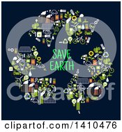 Poster, Art Print Of Flat Design Recycle Arrows With Save Earth Text Made Of Green Icons On Blue