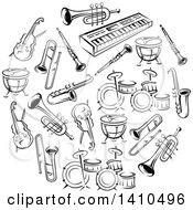 Poster, Art Print Of Circle Of Black And White Musical Instruments