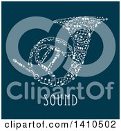 Clipart Of A French Horn Made Of White Music Notes With Sound Text On Teal Royalty Free Vector Illustration
