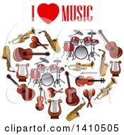 Clipart Of Text Over A Heart Formed Of Music Instruments Royalty Free Vector Illustration
