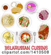 Clipart Of Sketched Belarusian Dinner Plates And Text Royalty Free Vector Illustration