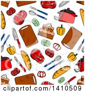 Clipart Of A Seamless Background Pattern Of Sketched Cutting Boards And Foods Royalty Free Vector Illustration