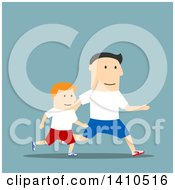 Poster, Art Print Of Flat Design Caucasian Father And Son Running On Blue